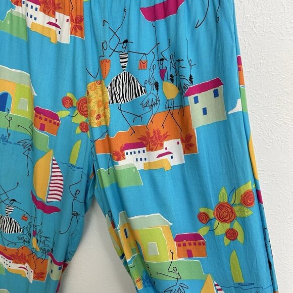 VTG 90s Paradise Turquoise Beaded Novelty Print 1X Pants Resort Wear Beach Fish - Picture 5 of 11